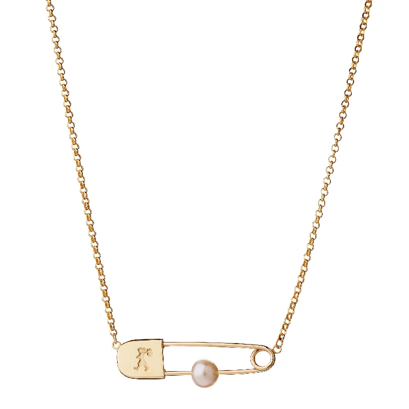 engraved necklaces for women-Karen Walker Runaway Safety Pin Necklace - 9ct Yellow Gold & Pearl