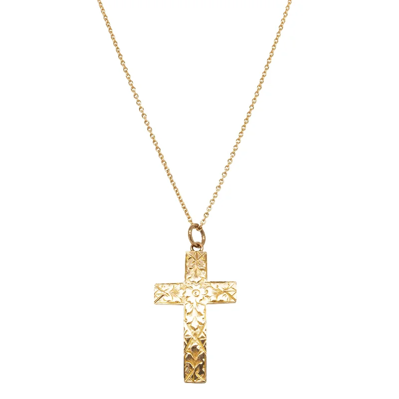 infinity necklaces for women-Vintage 9ct Yellow Gold Engraved Hollow Cross Pendant