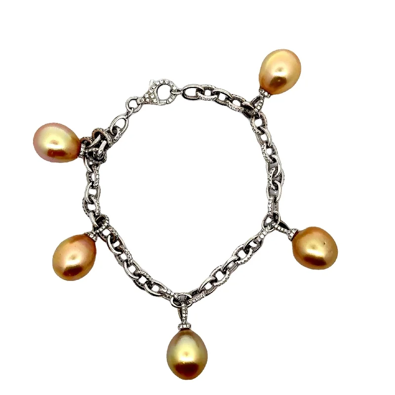 elegant bangles for weddings-Golden South Sea Pearl Diamond 14k White Gold Bracelet