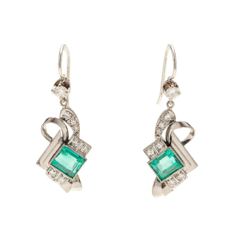 multi-colored earrings for women-Art Deco Platinum 2ct Emerald + Diamond Drop Earrings