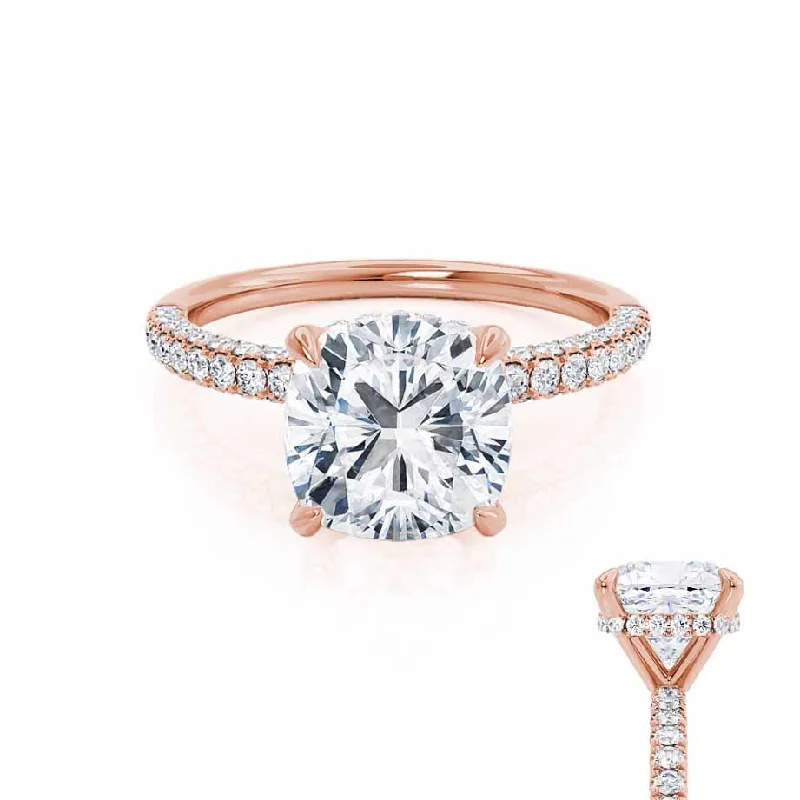 pear-cut engagement rings for women-COCO - Cushion Cut Lab Diamond 18k Rose Gold Petite Hidden Halo Triple Pavé