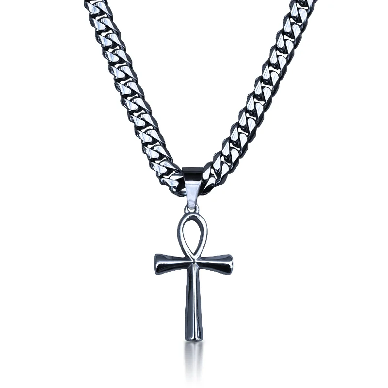 dainty necklaces for women-Pro Ankh Pendant With 6mm Cuban Link Chain Necklace - Stainless Steel