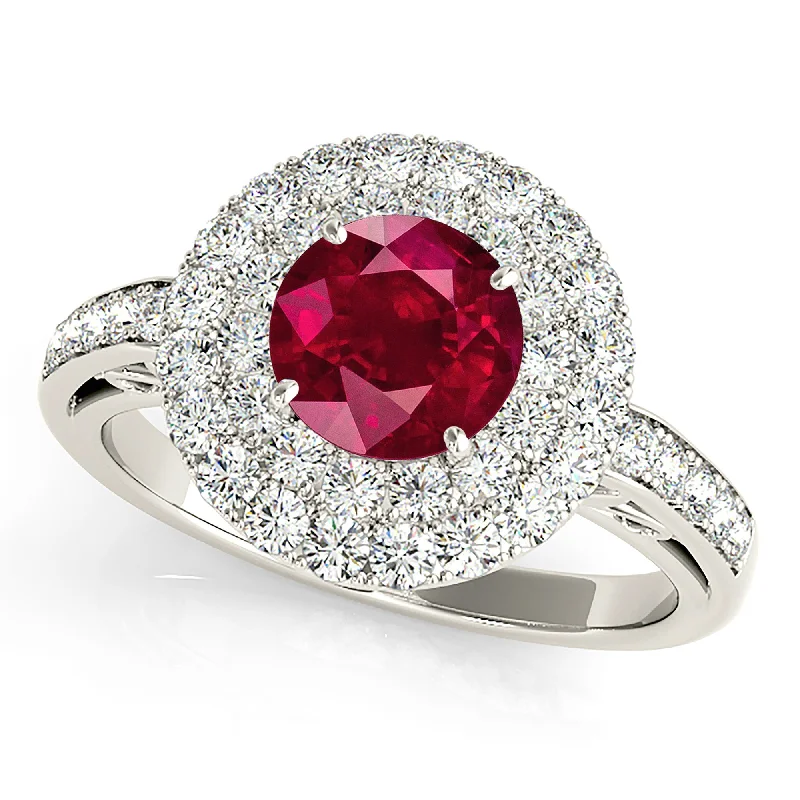 sterling silver rings for women-1.35 ct. Genuine Ruby Ring With 3 D Halo and Hand Carved Diamond Band