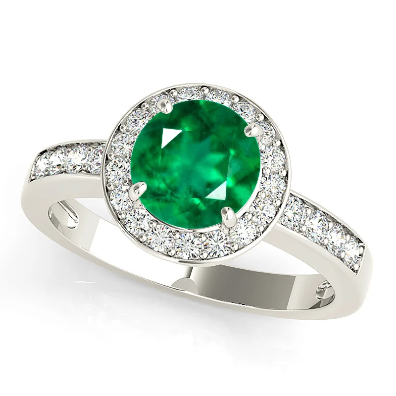 geometric rings for women-1.75 ct. Genuine Emerald Ring With Halo and Band,Accent Diamond Bridge