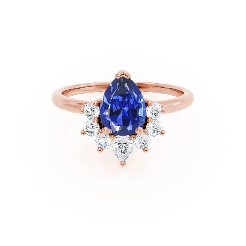 double-band engagement rings for women-BALLET - Chatham® Pear Blue Sapphire & Diamond Half Halo Tiara Ring 18k Rose Gold