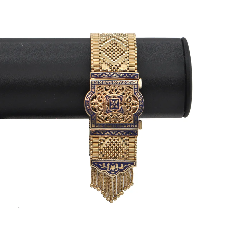 adjustable gold bangles for women-Estate 14K Gold and Enamel Tassel Bracelet With Detachable Brooch/Pendant C. 1950's