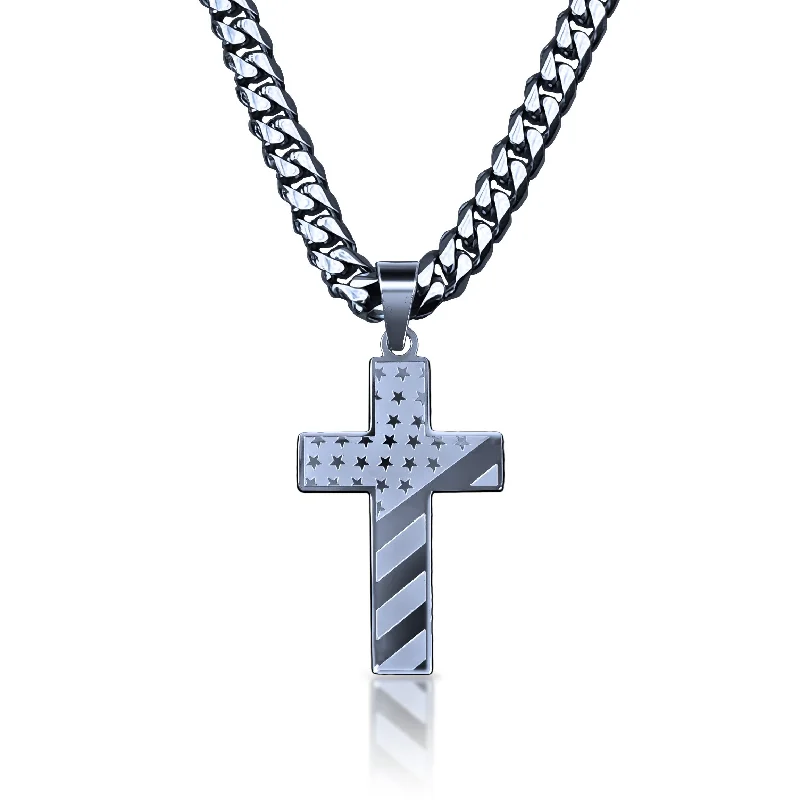 modern necklaces for women-Pro USA Flag Cross Pendant With 6mm Cuban Link Chain Necklace - Stainless Steel