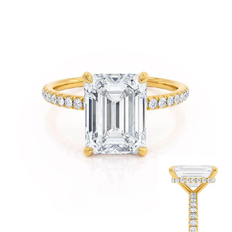 diamond-studded engagement rings for women-LIVELY - Emerald Lab Diamond & Diamond 18k Yellow Gold Hidden Halo Micro Pavé Shoulder Set