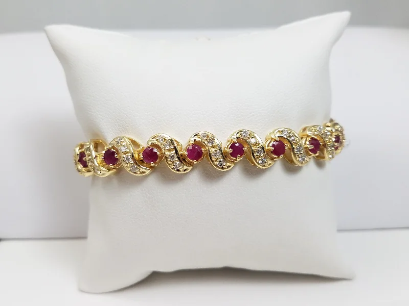 wedding bangles for women-Exquisite 7.25" 14k Yellow Gold Natural Ruby Diamond Custom Bracelet