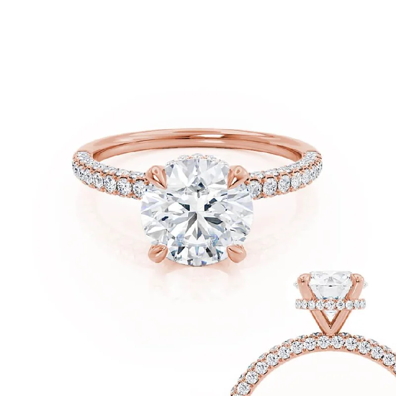 exquisite engagement rings for women-COCO- Round Moissanite & Diamond 18k Rose Gold Petite Hidden Halo Triple Pavé Shoulder Set Ring