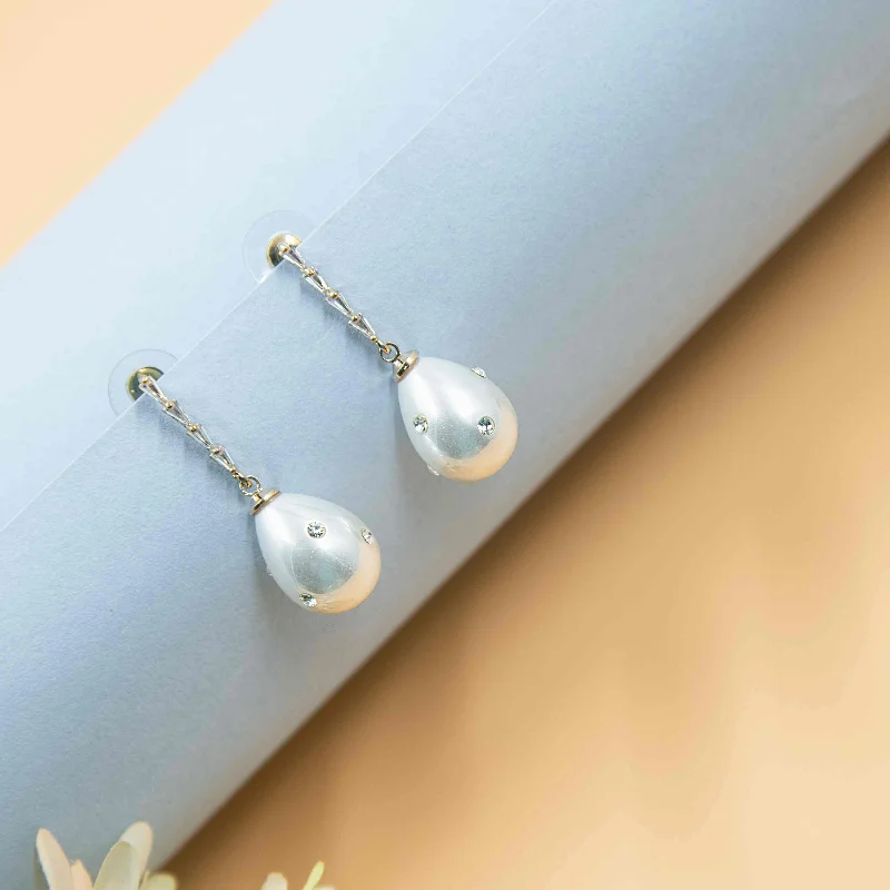 minimalist earrings for women-Nipura Golden Pearl Baguette Danglers