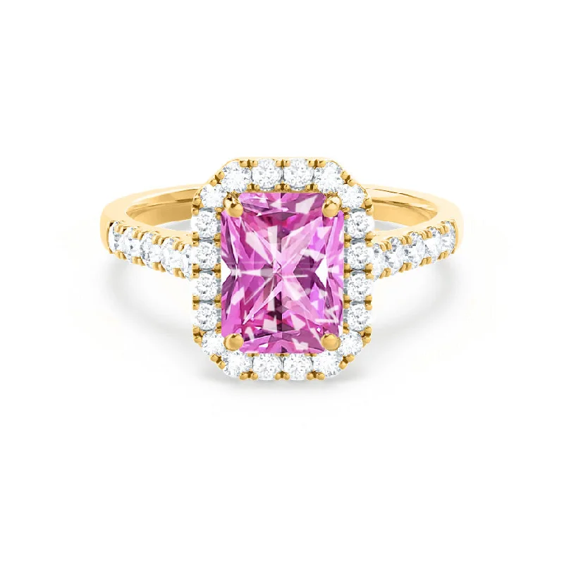 princess-cut engagement rings for women-ESME - Chatham® Radiant Lab-Grown Pink Sapphire & Diamond 18k Yellow Gold Halo