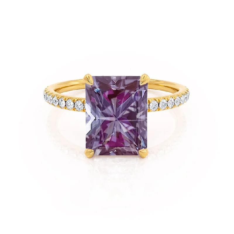 colored gemstone engagement rings for women-LIVELY - Chatham® Radiant Alexandrite & Diamond 18k Yellow Gold Petite Hidden Halo Pavé Shoulder Set Ring