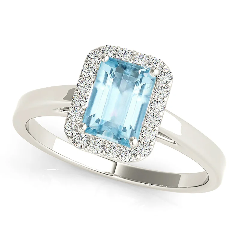 unique engagement rings for women-1.00 ct. Genuine Emerald Cut Aquamarine Ring With Halo