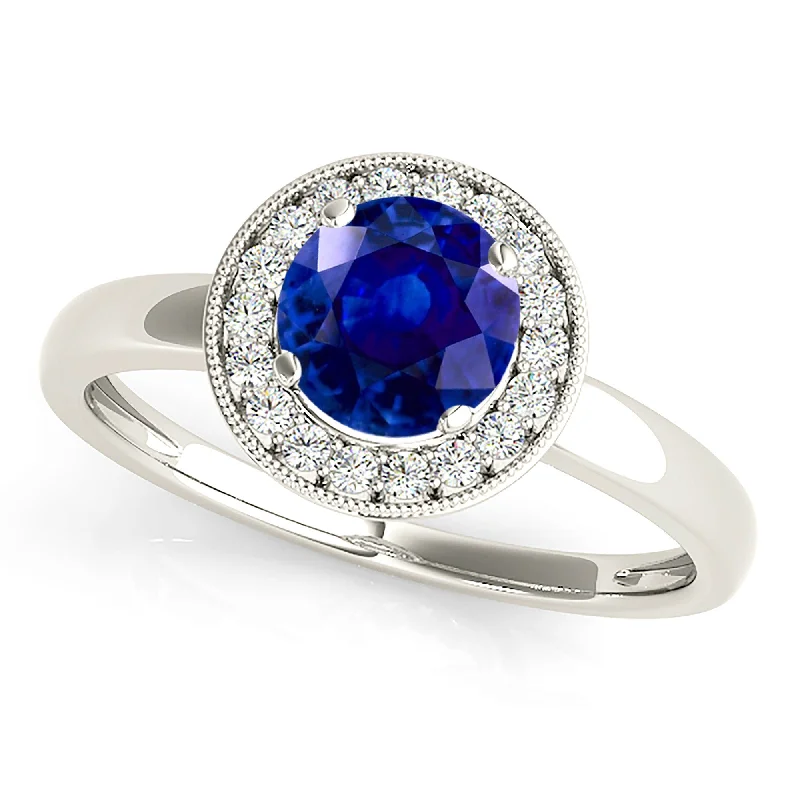 oversized rings for women-1.35 ct. Genuine Blue Sapphire Solitaire Milgrain Halo Ring