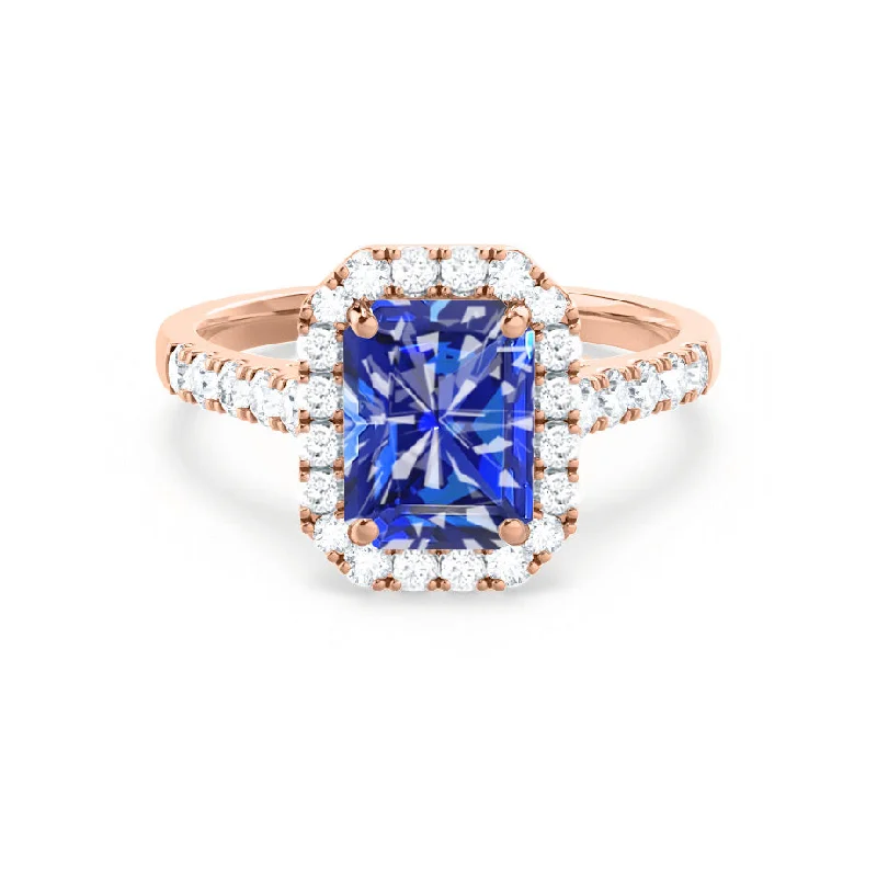 square-cut engagement rings for women-ESME - Chatham® Radiant Lab-Grown Blue Sapphire & Diamond 18k Rose Gold Halo