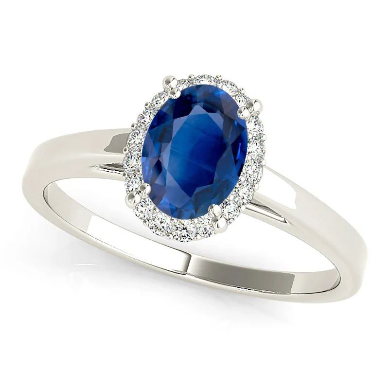 matching wedding rings for women-1.50 ct. Genuine Blue Oval Sapphire Ring with Halo Style, Solid Gold Band