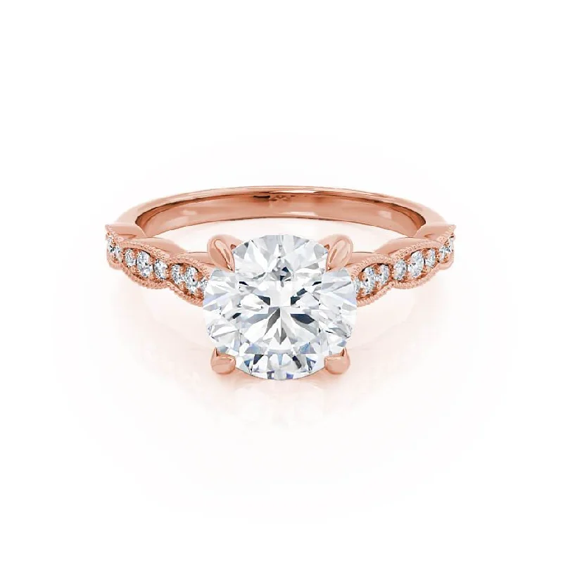 stylish diamond engagement rings for women-HONOR - Round Moissanite 18k Rose Gold Shoulder Set Ring