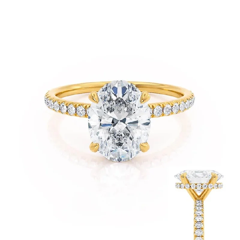 modern engagement rings for women-LIVELY - Oval natural Diamond 18k Yellow Gold Petite Hidden Halo Pavé Shoulder Set