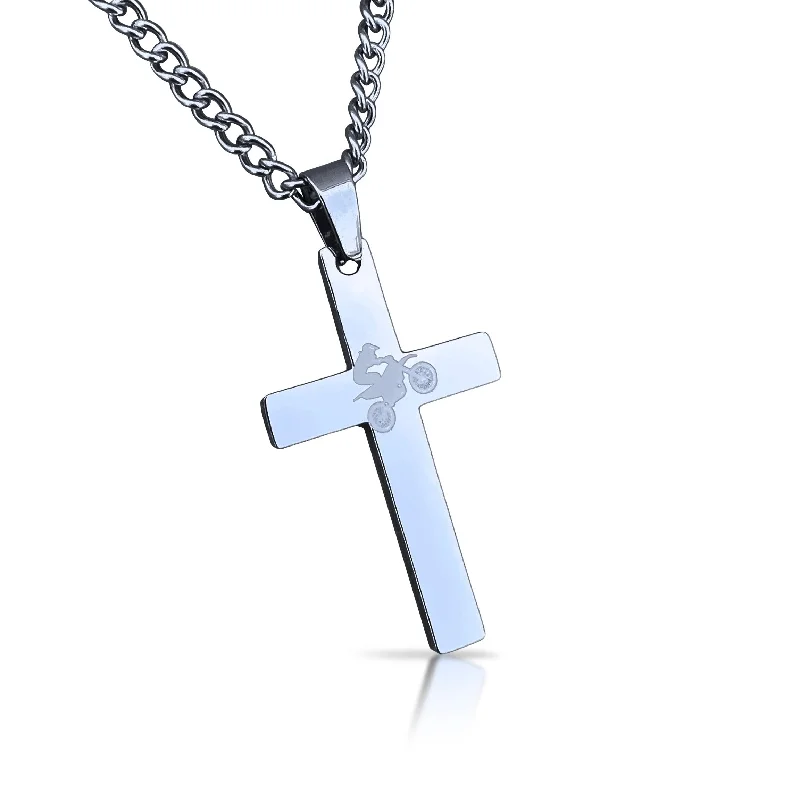 anniversary necklaces for women-Motocross Cross Pendant With Chain Necklace - Stainless Steel