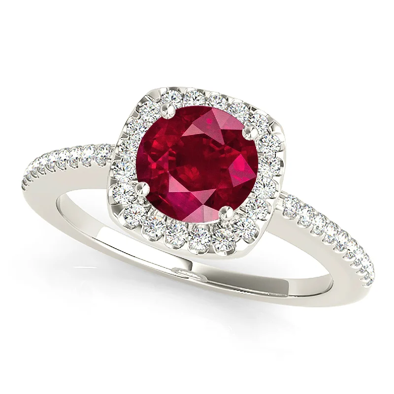 high-end rings for women-1.45 ct. Genuine Ruby Ring With Cushion Halo And Delicate Diamond Band