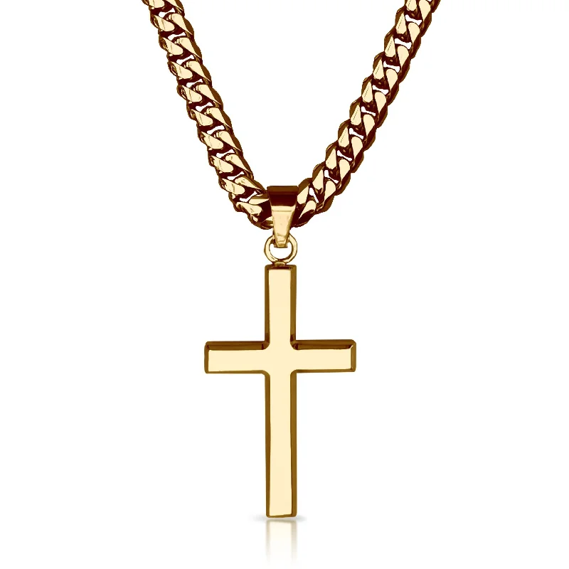 luxurious gold necklaces for women-Pro Cross Pendant With 6mm Cuban Link Chain Necklace - 14K Gold Plated Stainless Steel