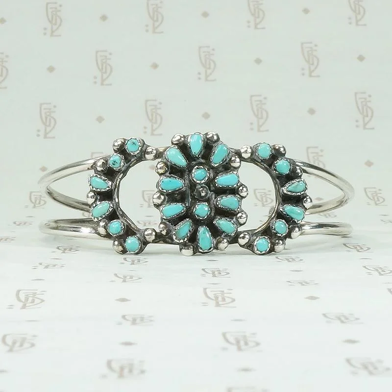 romantic bangles for women-Petit Point Turquoise & Silver Cuff with Lunar Pattern