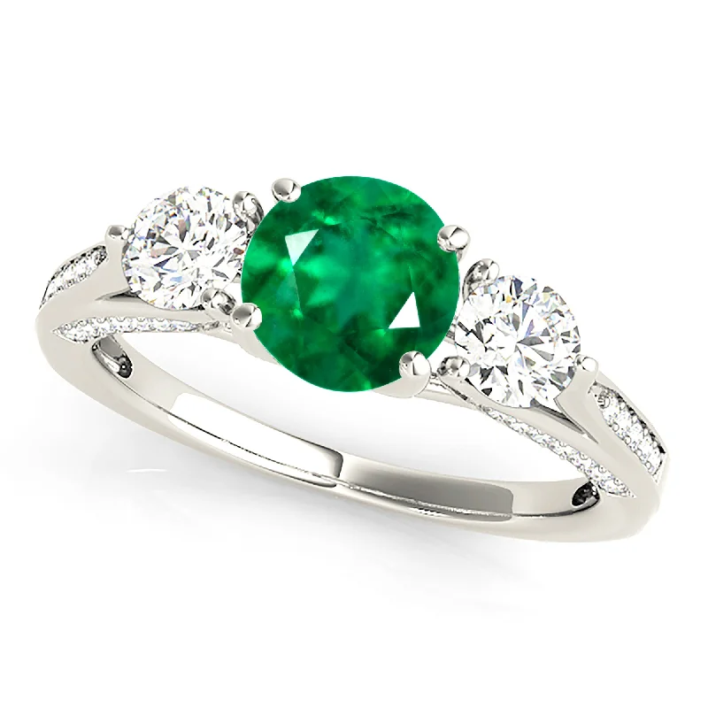 personalized gold rings for women-1.15 ct. Genuine Emerald Three Stone Ring With Diamonds