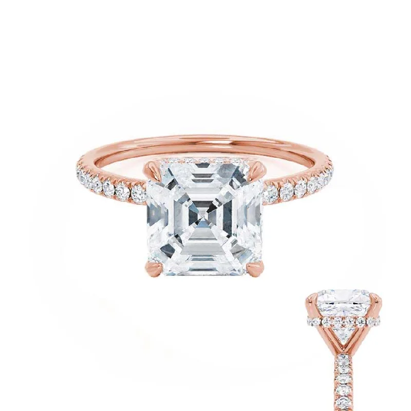 emerald-cut engagement rings for women-LIVELY - Asscher Moissanite & Diamond 18k Rose Gold Hidden Halo Micro Pavé Shoulder Set