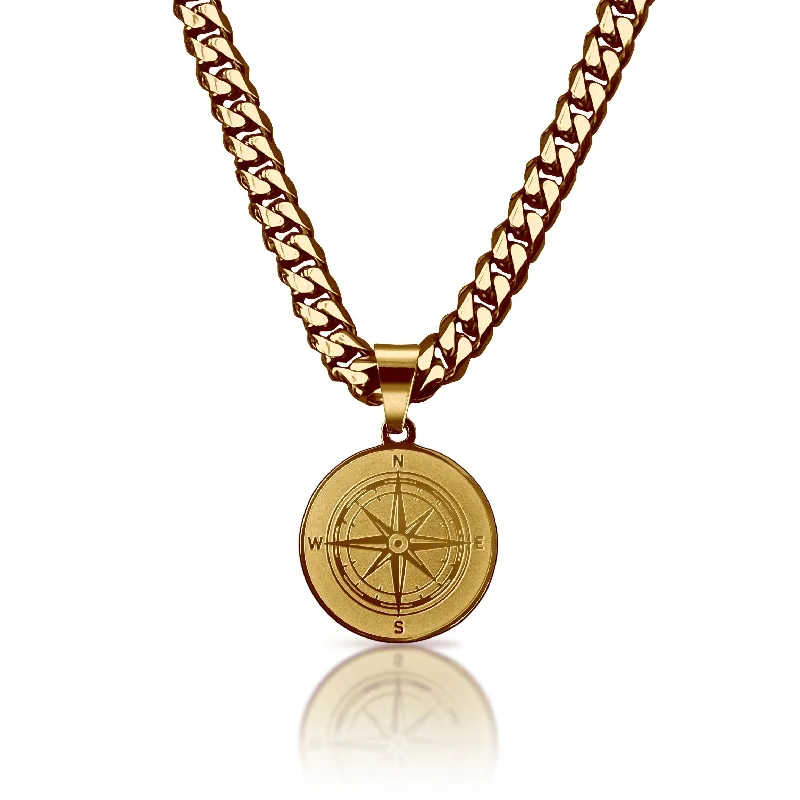 sterling silver necklaces for women-Pro Compass Pendant With 6mm Cuban Link Chain Necklace - 14K Gold Plated Stainless Steel