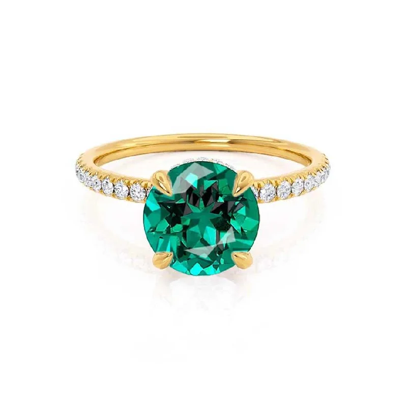 cushion-cut diamond engagement rings for women-LIVELY - Chatham® Round Emerald 18k Yellow Gold Petite Hidden Halo Pavé Shoulder Set Ring