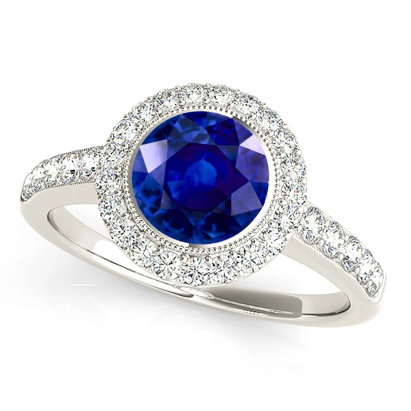 bold rings for women-1.35 ct. Genuine Blue Sapphire Bezel Set Halo Ring