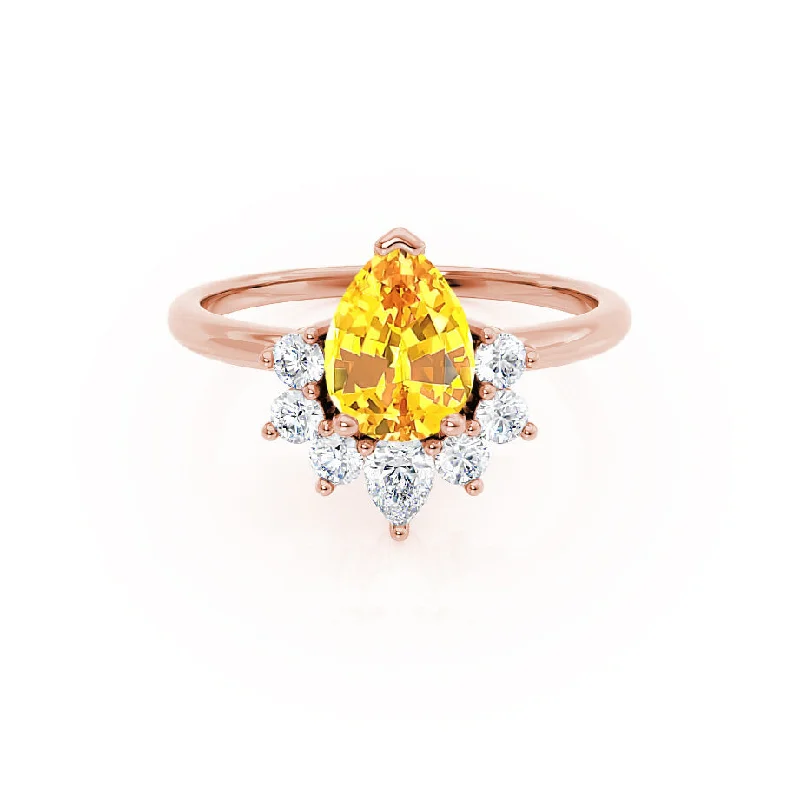 engagement rings with gemstones for women-BALLET - Chatham® Pear Yellow Sapphire & Diamond Half Halo Tiara Ring 18k Rose Gold