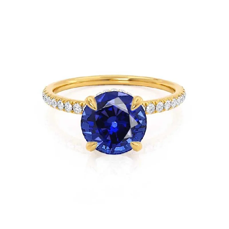 fancy diamond engagement rings for women-LIVELY - Chatham® Round Blue Sapphire 18k Yellow Gold Petite Hidden Halo Pavé Shoulder Set Ring