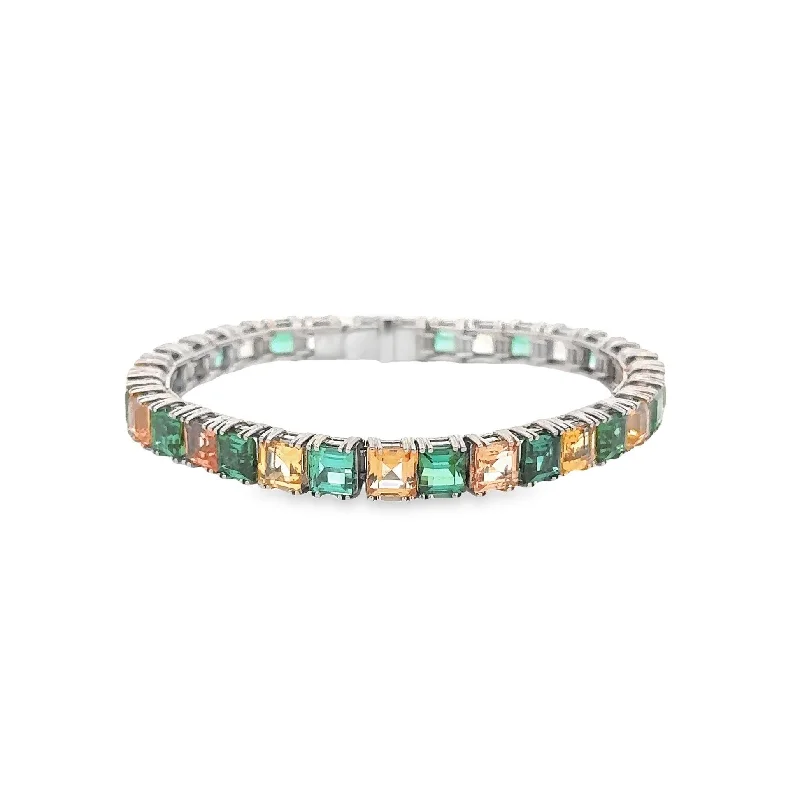 fashion-forward bangles for women-Green Tourmaline & Imperial Topaz 18K White Gold Line Bracelet