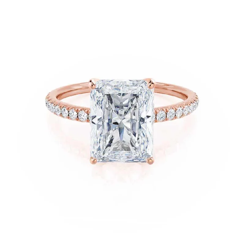 geometric engagement rings for women-MACY - Radiant Moissanite & Diamond 18k Rose Gold Petite Pavé Ring