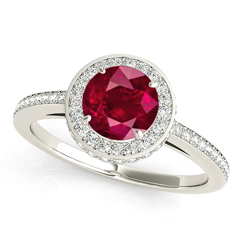 elegant rings for women-2.35 ct. Genuine Ruby Ring With Diamond 3D Halo And Delicate Diamond Band