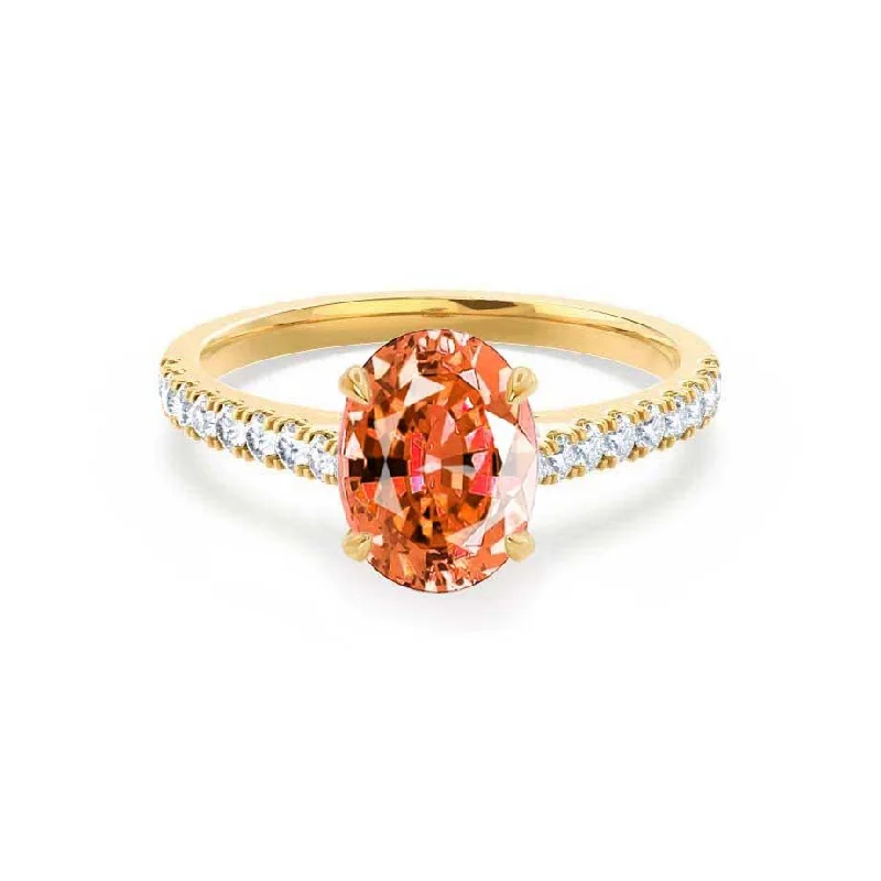 engagement rings with sapphires for women-VIOLA - Chatham® Padparadscha Oval & Diamond 18k Yellow Gold Shoulder Set Ring