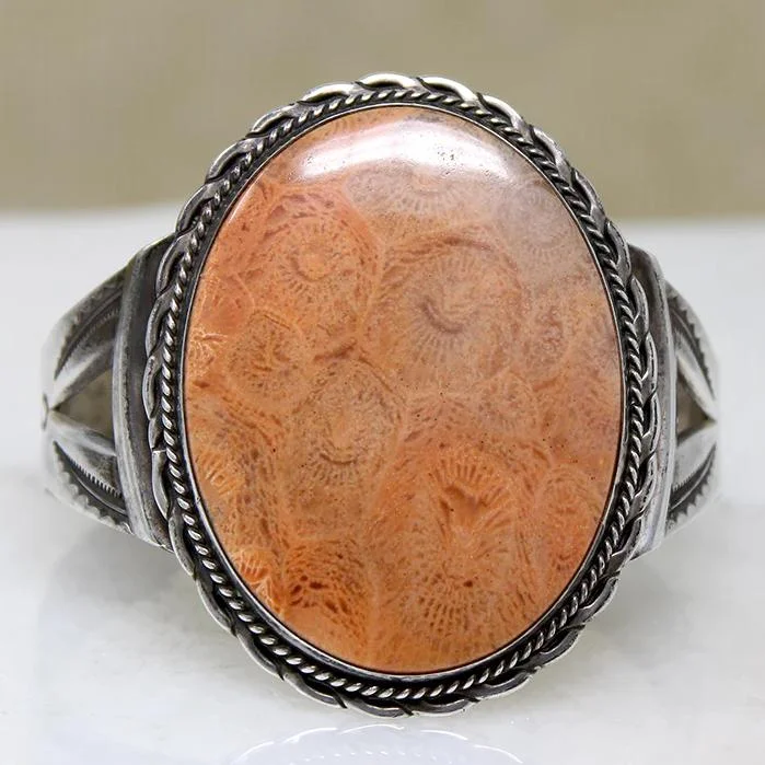 adjustable bangles for women-Petrified Coral Hand Made Sterling Cuff Bracelet