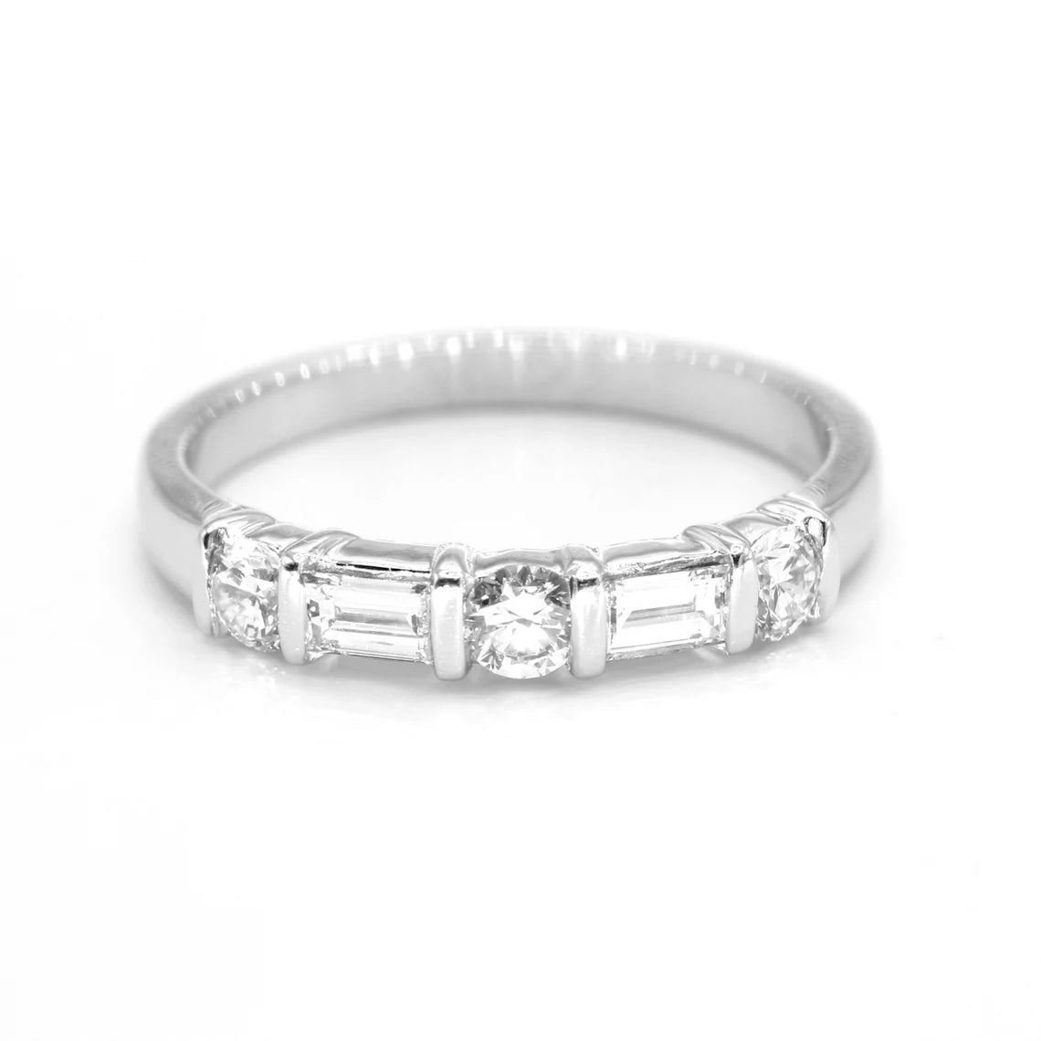 matching wedding rings for women-Round and Baguette Diamond Band, Bar Set Diamond Anniversary Ring