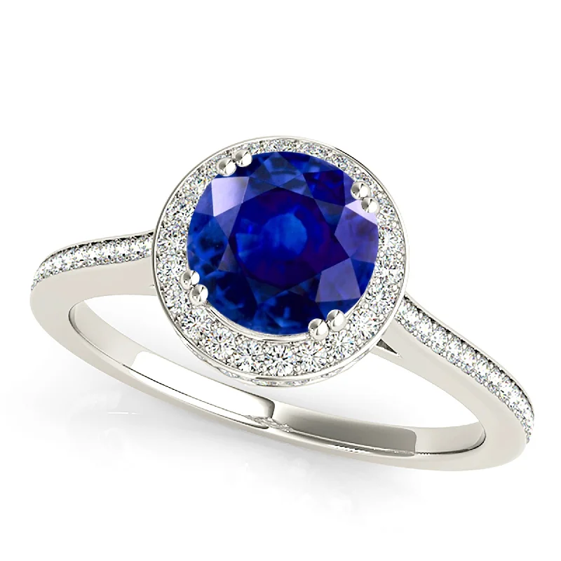 bold gemstone rings for women-2.40 ct. Genuine Blue Sapphire Halo Ring with Side Diamonds