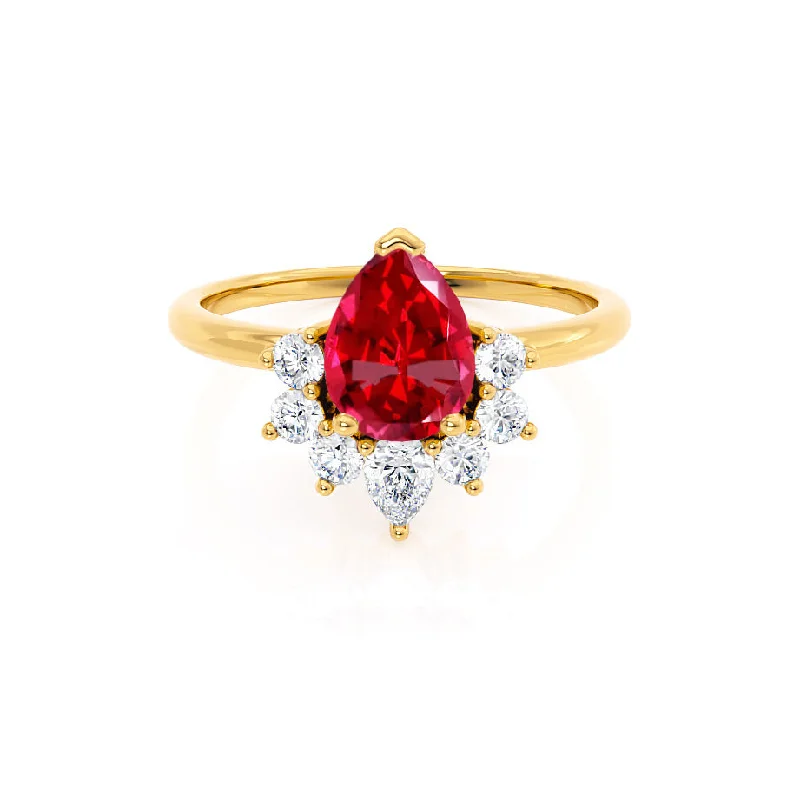 contemporary engagement rings for women-BALLET - Chatham® Pear Ruby & Diamond Half Halo Tiara Ring 18k Yellow Gold