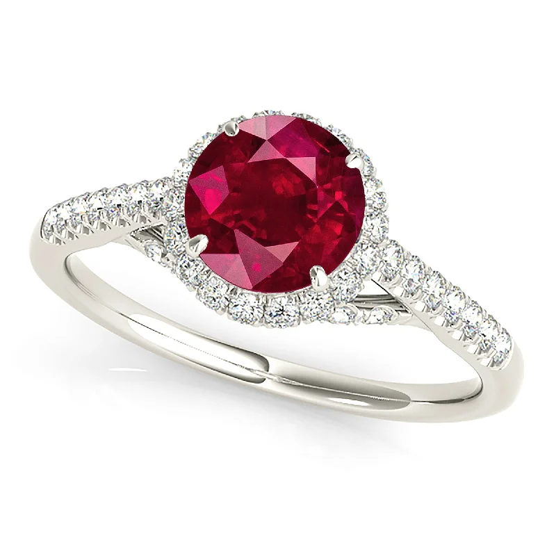 vintage gold rings for women-1.35 ct. Genuine Ruby Ring With Double Halo And Dainty diamond Band