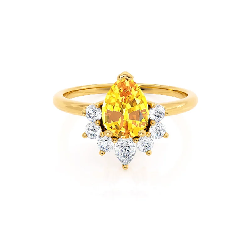 princess-cut engagement rings for women-BALLET - Chatham® Pear Yellow Sapphire & Diamond Half Halo Tiara Ring 18k Yellow Gold