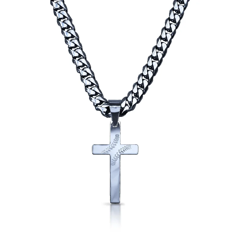 pendant necklaces for women-Pro Baseball Cross Pendant With 6mm Cuban Link Chain Necklace - Stainless Steel