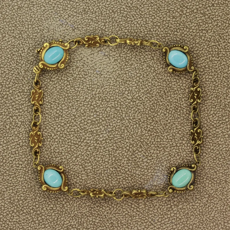 fashion-forward bangles for women-Art Nouveau Antique Turquoise Gold Filigree Bracelet