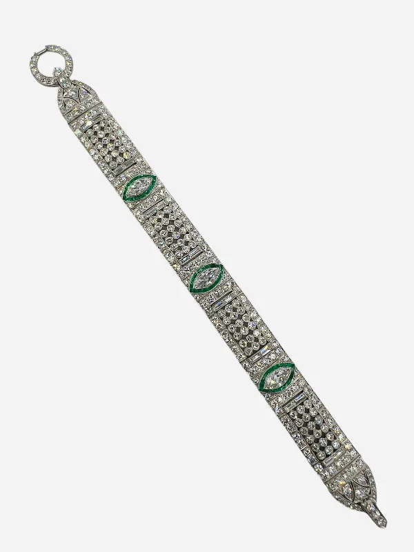 luxury bracelet sets for women-Art Deco Diamond And Emerald Platinum Bracelet Circa 1925