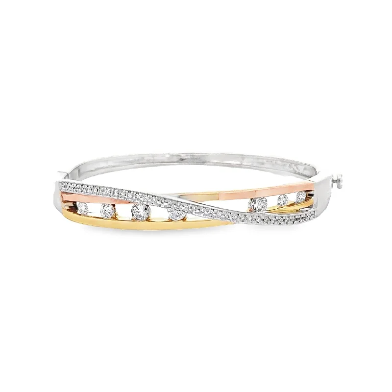 adjustable gold bangles for women-Crossing Diamond Channel Set 14k Multi-Color Gold Bangle Bracelet