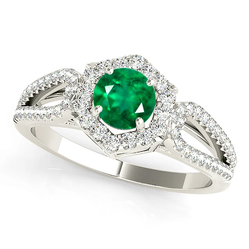 luxury rings for women-1.15 ct. Genuine Emerald Ring With Halo And Open Leaf Shape Split Band