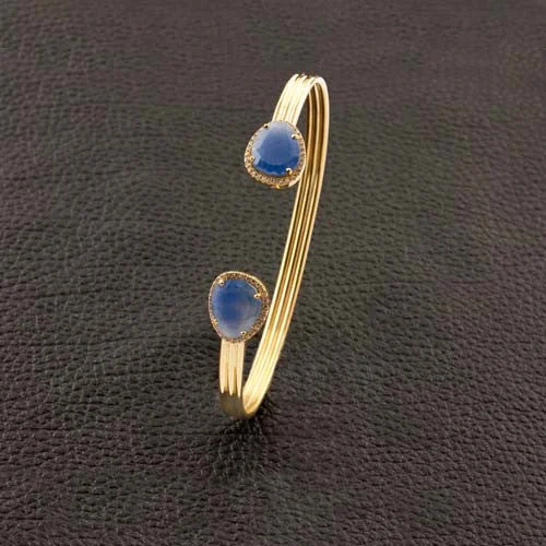 statement bangles for women-Sapphire & Diamond Open Bangle Bracelet